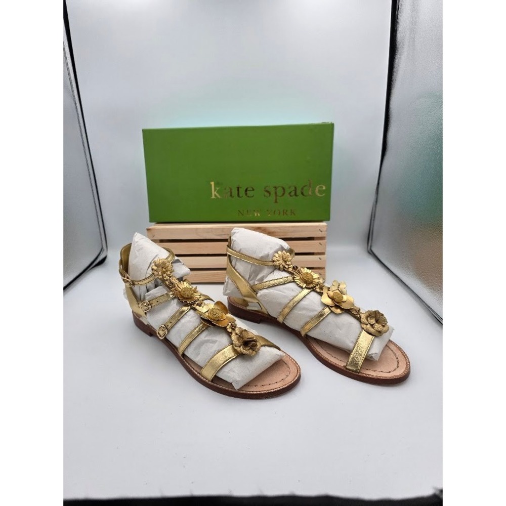 Kate Spade Sadia Sandals Women 9.5 Gold Metallic Floral 3DFlower S119021 Strappy - Picture 5 of 6